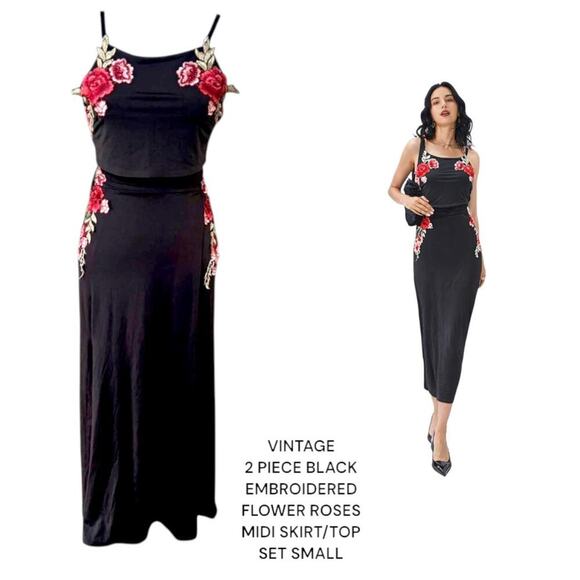 VTG.‎ 2 PC. SKIRT CROP TOP BLACK GOTH EMBROIDERED ROSES SET SMALL. - Picture 1 of 7